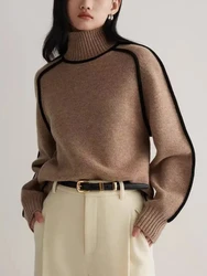2024 Autumn/Winter Fashion New Women's Elegant Knitted Hoodie Half High Collar Long Sleeve Splicing Commuter Style Warm Sweater