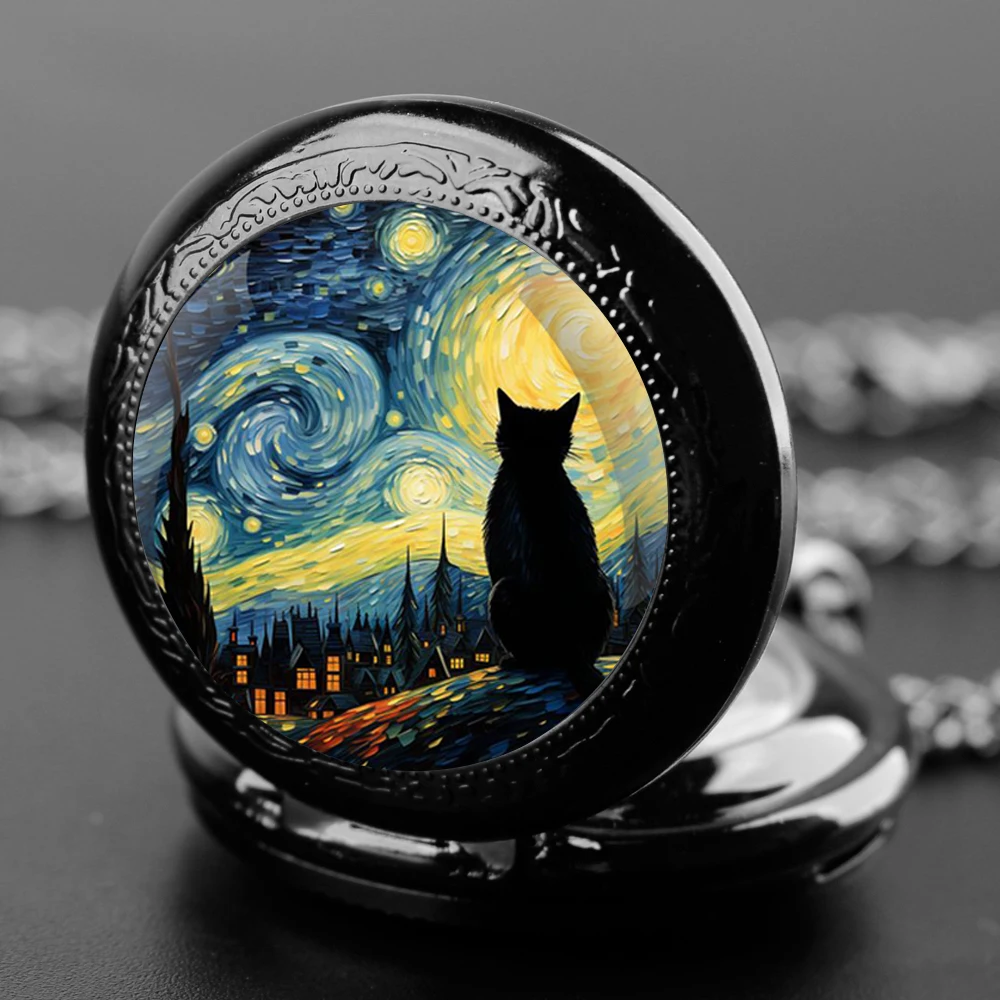 Van Gogh Kat Schilderij Kunst Glazen Koepel Quartz Zakhorloge Met Duurzame Ketting Arabische Cijfers Wijzerplaat Buitengewone Geschenken Voor Mannen Kinderen