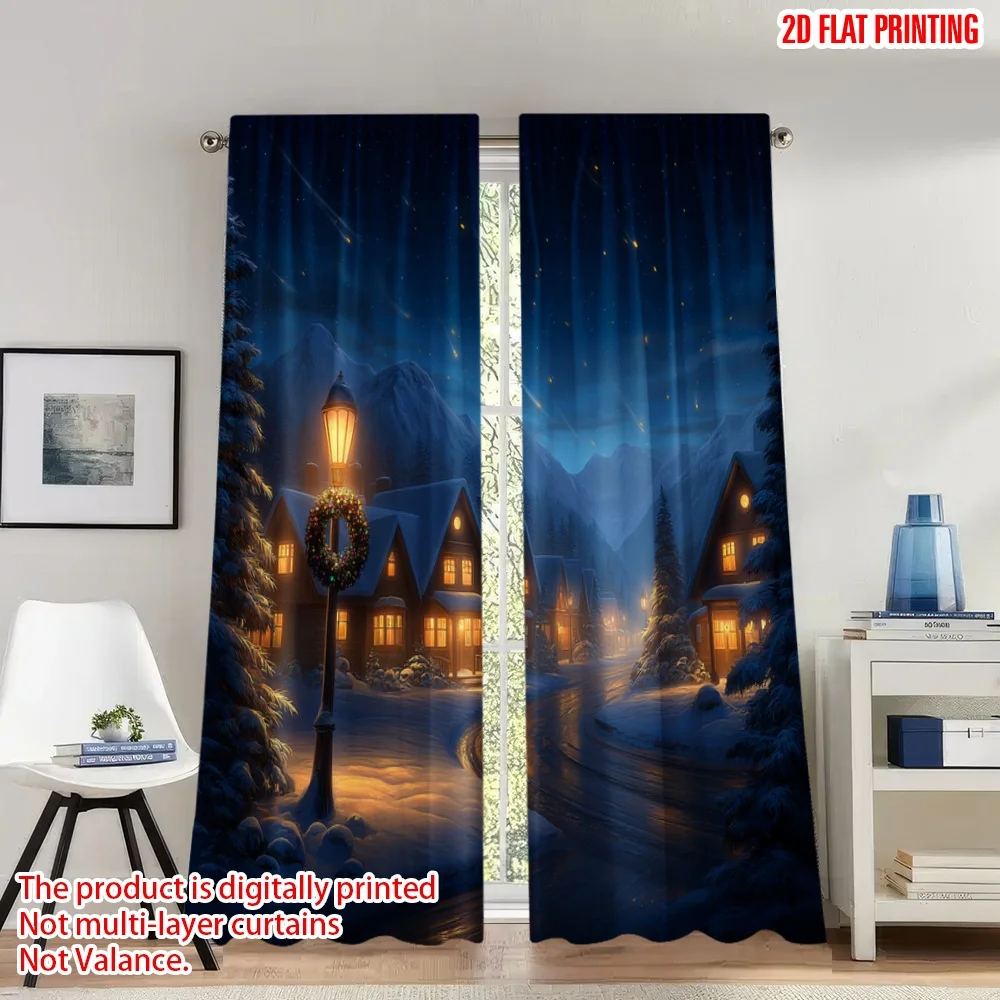 

2pcs 2D flat printing Christmas curtains Cozy Winter Village Snowy Mountain Digital Printed Polyester Drapes Festive Wall Decor