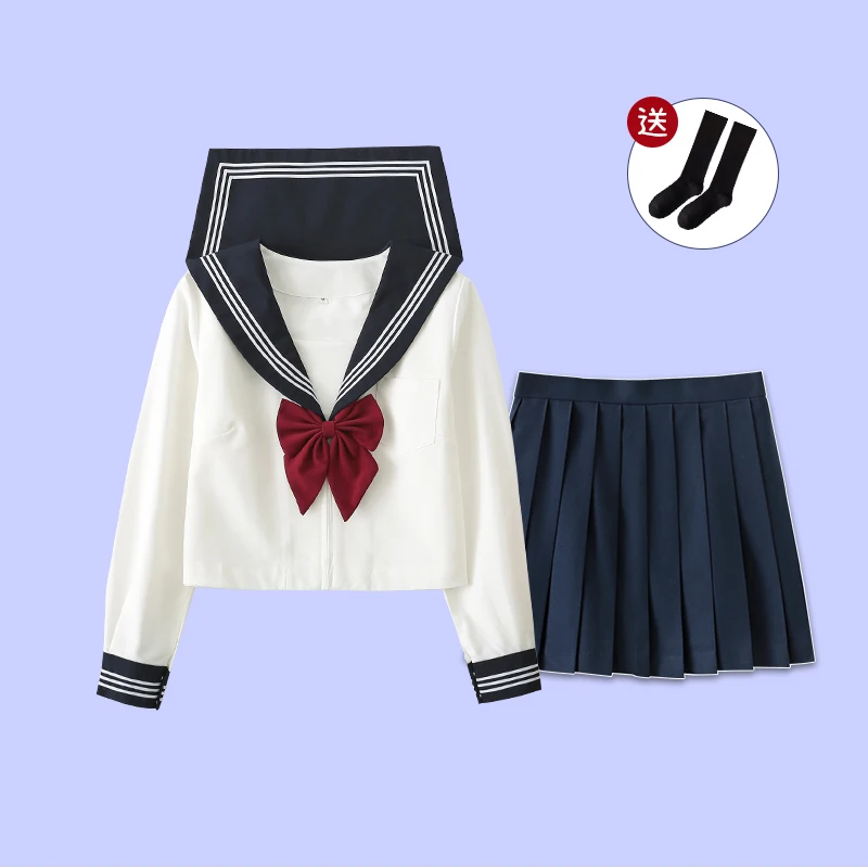الأبيض ثلاثة الأساسية بحار زي المرأة JK موحدة اليابانية زي مدرسي فتاة مثير الأحمر التعادل طويلة الأكمام دعوى مطوي تنورة