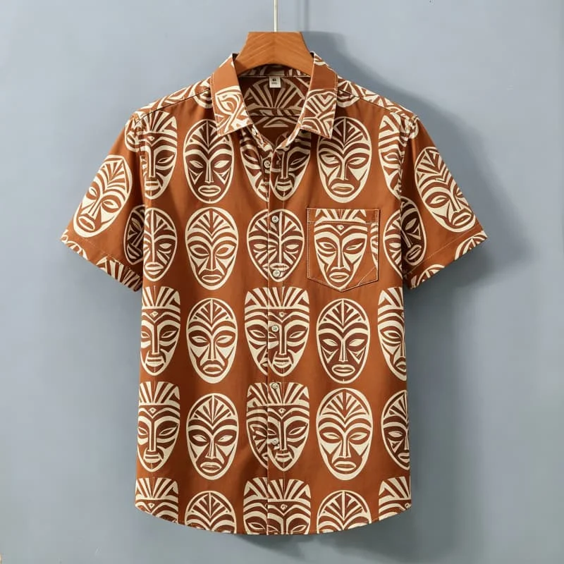

Men's tribal art printed short sleeved shirt with pockets, a cool top for beach outings, gatherings, and vacations