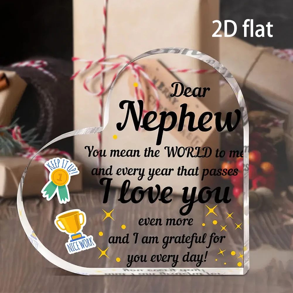 2D Flat, 1pc Heart-Shaped Acrylic Plaque for Nephew – Inspirational Motivational Gift with Message, Trophy & Ribbon Designs