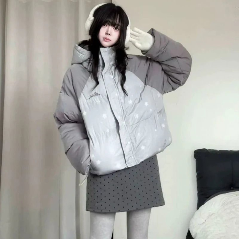 American Raglan Sleeve Parkas Winter Women Sweet Star Print Loose Hooded Warm Puffy Coats Y2K Color Block Streetwear Outwear New