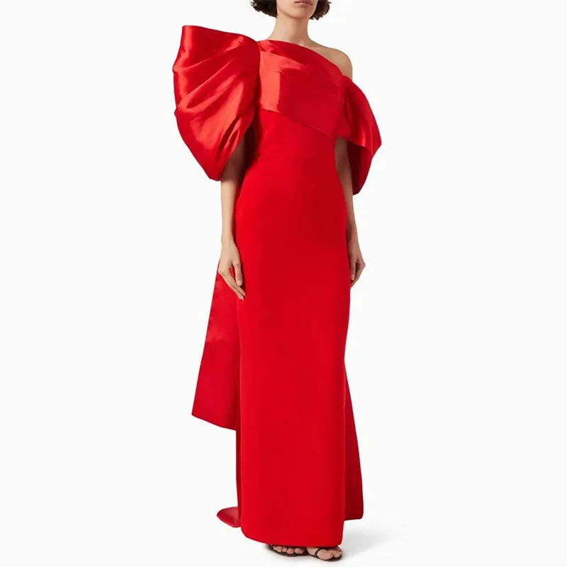 

Vintage Long Slanted Shoulder Red Evening Dresses Straight Pleated Prom Dress Floor Length Party Dresses for Women