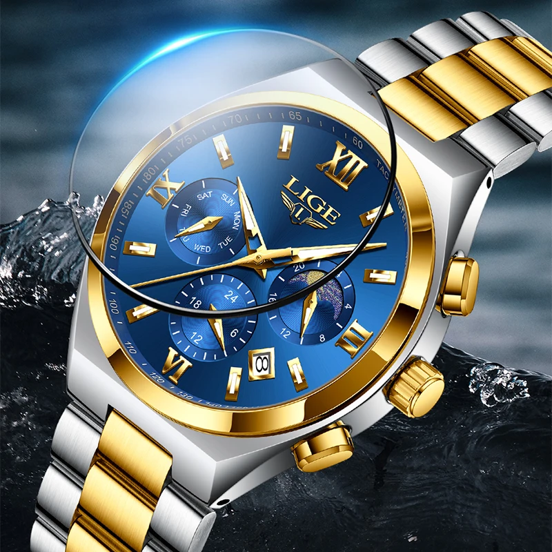 LIGE Quartz Man Watch Top Brand Luxury Business Stainless Steel Band Waterproof Luminous Calendar Moon Phase Watches for Men+Box