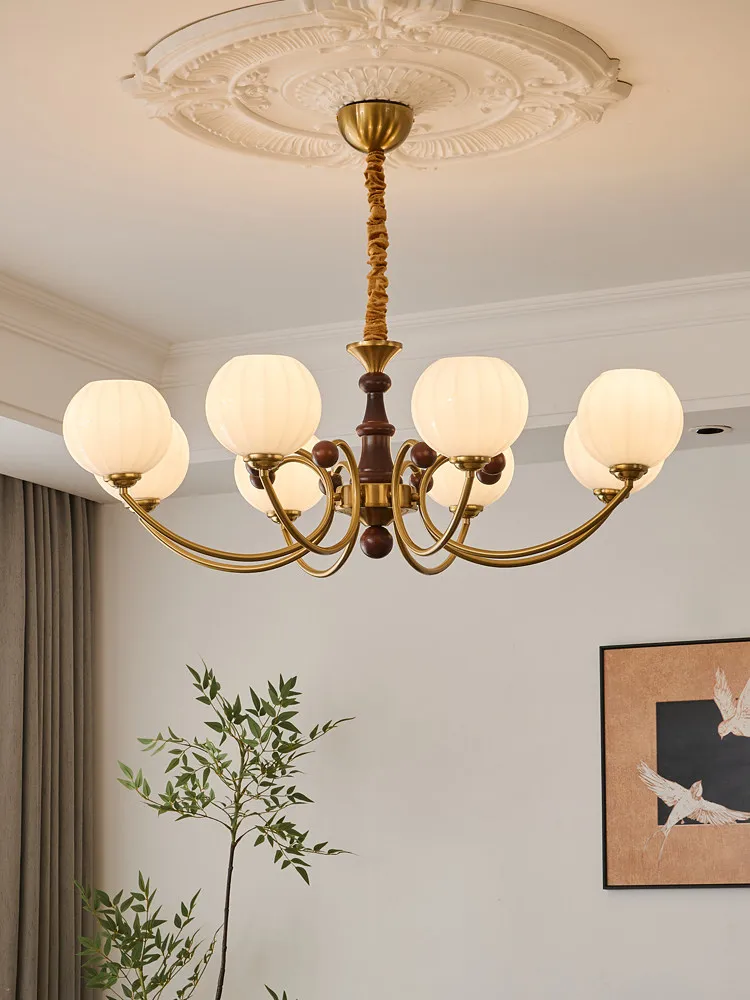 Retro Brass Color Walnut Chandelier With White Ribbed Glass Shade Adjustable Chain For Living Room Bedroom Dining Room Foyer