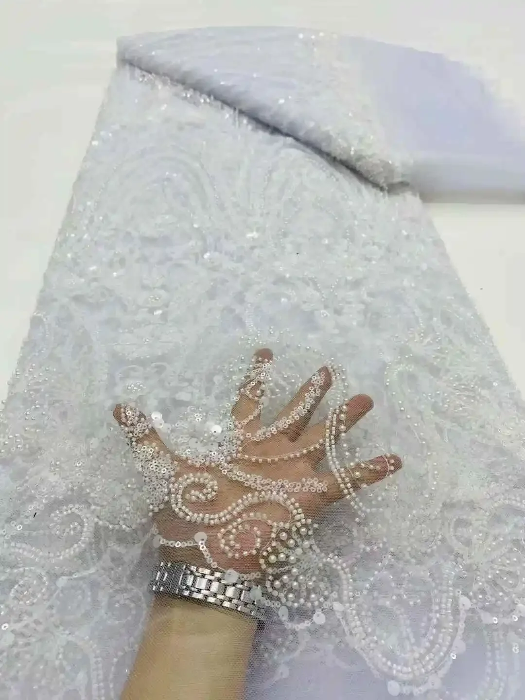 2025 Hot Sale French Popular Embrordered Net Lace With White Beaded Sequins Fabric Lace With Sequins Party Evening Dress SZ763