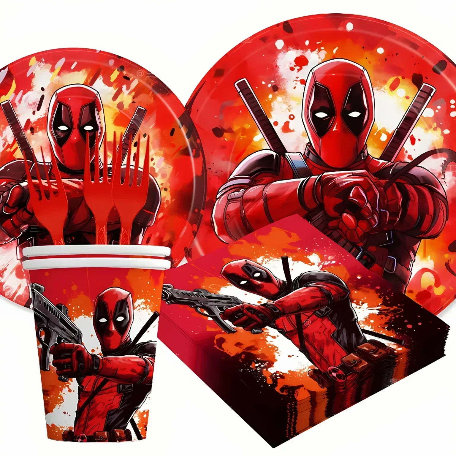 Deadpools-Set de Decoración de cumpleaños para niños, suministros de fiesta con 3 temas, vaso de papel, platillo, tenedor, tejido, Superhéroes, personaje de dibujos animados