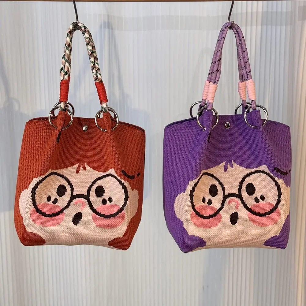 

Portable Cat Knitted Tote Bag Printed Weave Cartoon Knitted Handbag Bear Purse Wool Bucket Bag Commuting