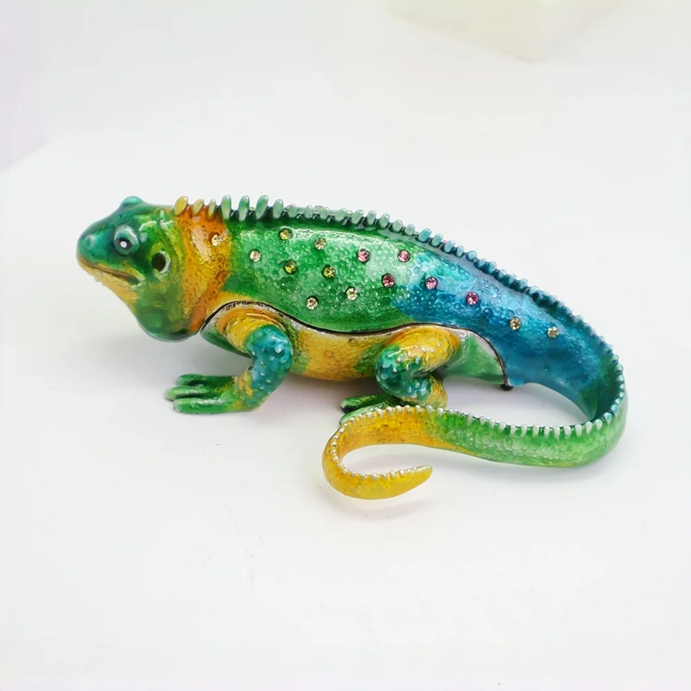 SHINNYGIFTS Hand Painted Enameled Lizard Style Decorative Jewelry Trinket Box Hinged for Office Table Desk Bookshelf Decor