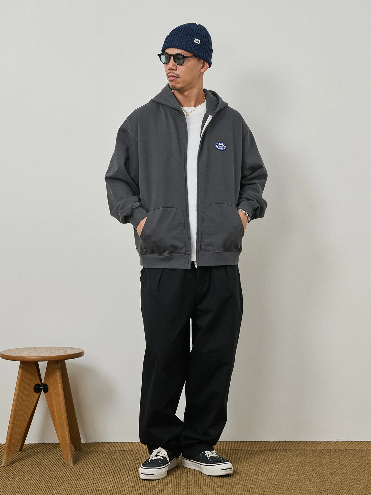 Broshood 25AW Japanese Style Loose Fit Washed Vintage Embroidered Logo Hooded Zipper Sweatshirt Jacket Youth Casual Cotton Coat