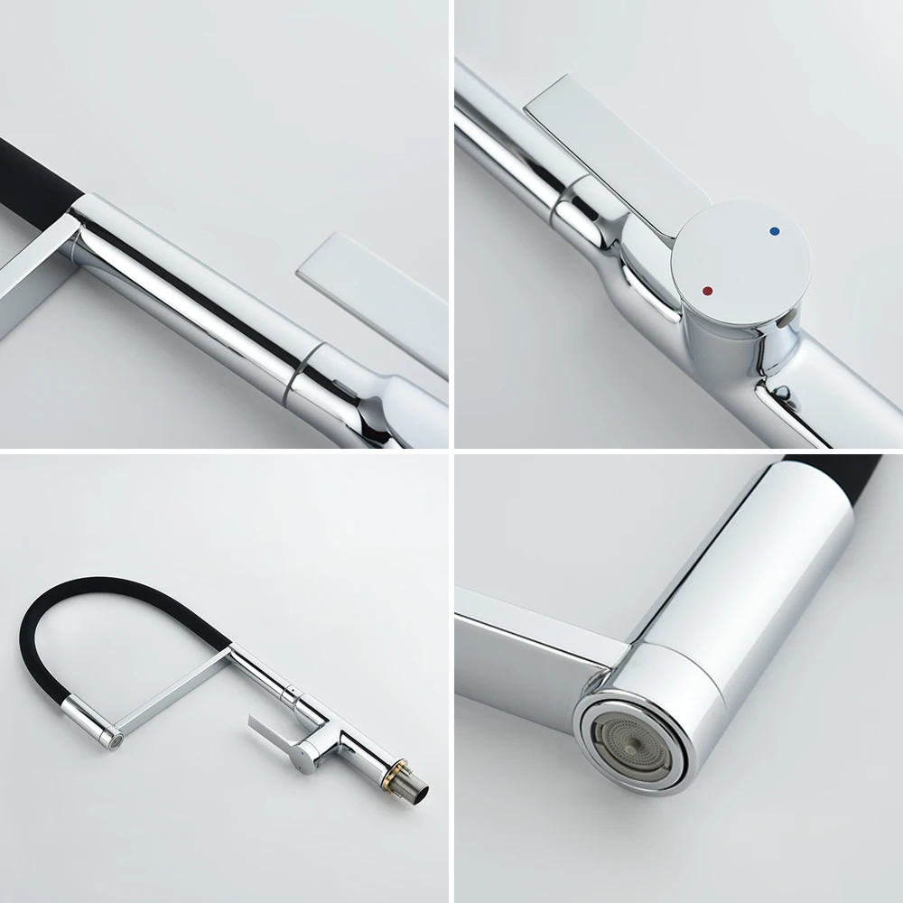 Nouveau robinet de cuisine en or brossé haut de gamme, mélangeur froid et chaud en laiton massif, robinets d'eau de source extractibles, robinets d'évier de cuisine à pulvérisation pivotante robinets cuisine