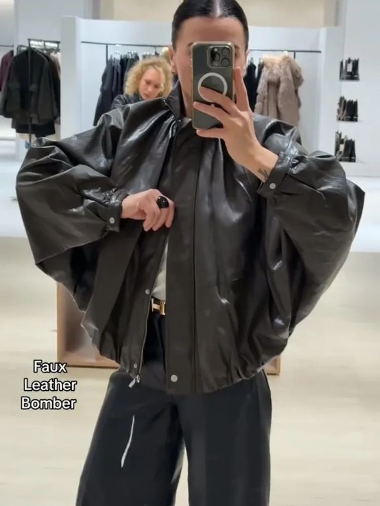 Giacca casual in pelle con mantella con maniche a pipistrello Colletto alla coreana da donna Cappotti bomber monopetto con cerniera a maniche lunghe Cappotto da strada quotidiano da donna