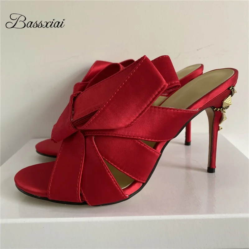 

Luxury Satin Butterfly-Knot Stiletto Heel Sandals for Women 10cm High Heels with Metal Decor Slingbacks Summer Fashion Footwear