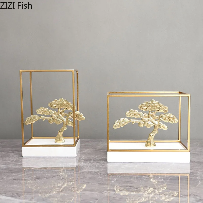 

Golden Brass Pine Tree Marble Base Artwork Statue Desk Decoration Mascot Ornaments Pine Tree Sculpture Room Aesthetic Decor