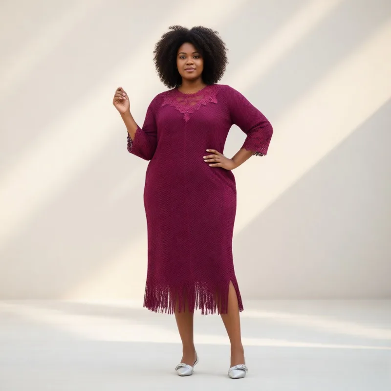 Miyake robe plissée 2026 nouveau col rond dentelle frange creuse conception tempérament décontracté grande taille extensible bureau longues robes