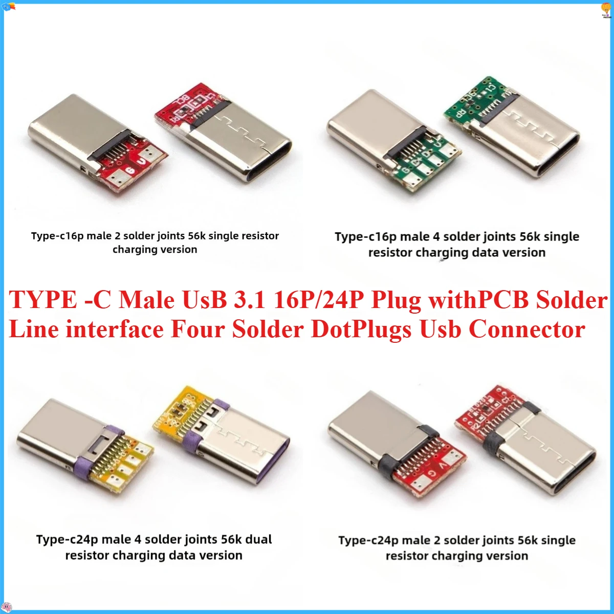 5/10PCS TYPE - C Male USB 3.1 16P/24P Plug with PCB Solder Line Interface Four Solder Dot Plugs  Usb Connector Usb C Connector
