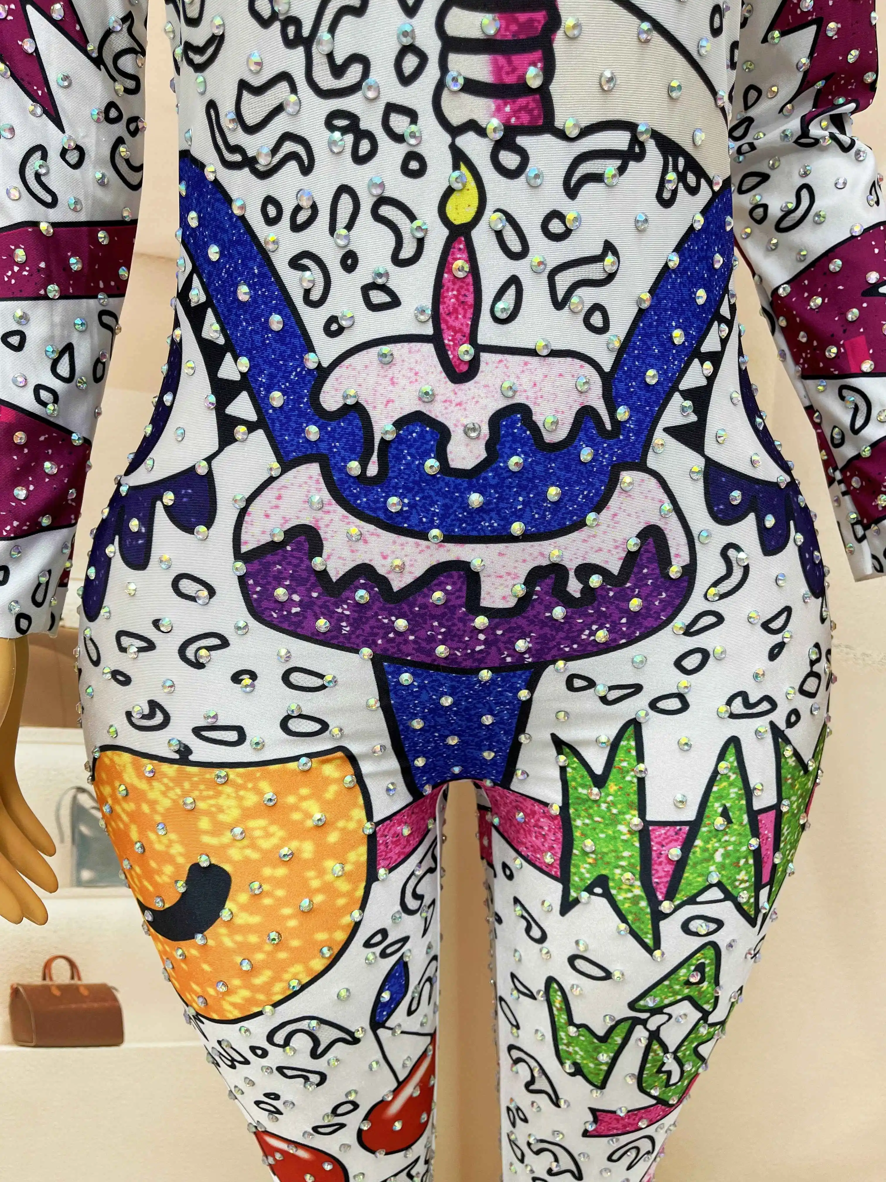 Cute colorful cake balloon pattern handmade rhinestone spandex stretch jumpsuit birthday party dance party collection qiqiu