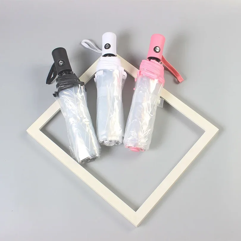 Foldable transparent umbrella fully automatic transparent three-fold sunny umbrella student simple sunny umbrella supplies