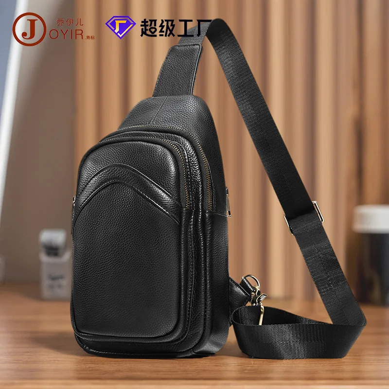 Real leather chest bag men's leisure multi-pocket large capacity chest bag simple cross-body bag
