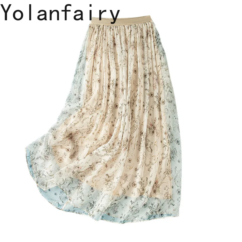 

YOLANFAIRY 100% Real Mulberry Silk Skirts for Women Summer Apricot Printed Floral Skirt Woman Elegant Gentle Beach Skirt Fashion