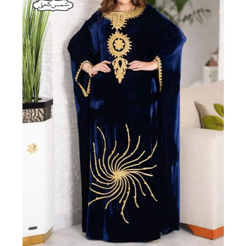 Navy Blue Dubai Morocco Kaftans Farasha Abaya Dresses Fancy Long Velvet Dresses with European and American Fashion Trends