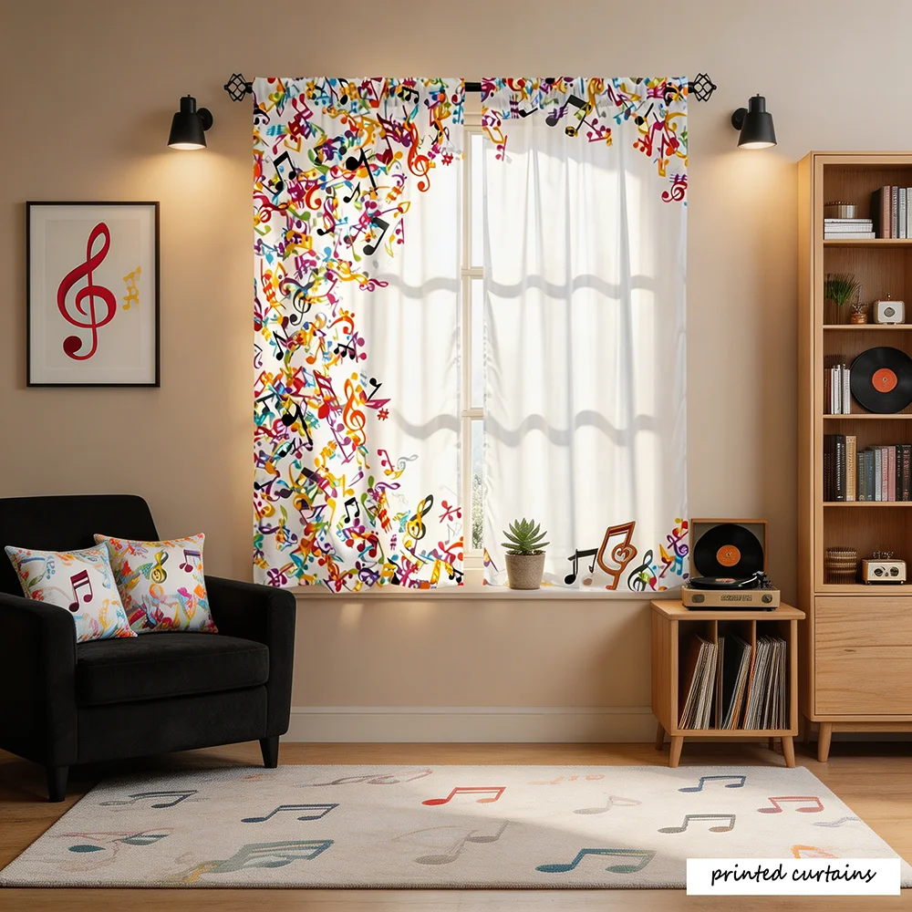 2-Piece Set, Music-Colored Piano Rune Sheet Music Print Light Blocking Curtains, Polyester Rod-Pass Through Decorative Drapes