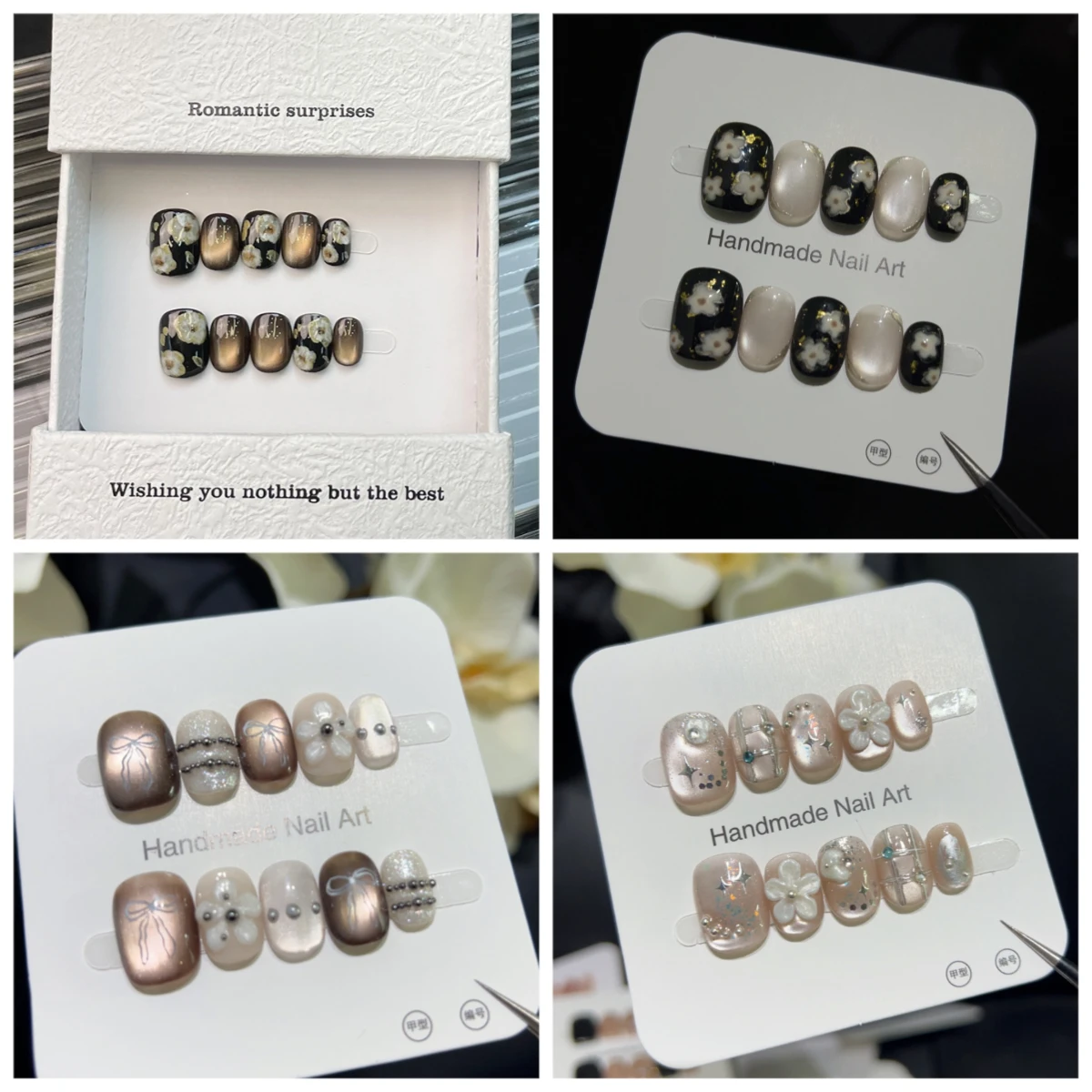 

10PCS Metallic Cat Eye Press on Nails Short Coffin with 3D Flower Hand Painted Luxury Exquisite False Nails Handmade for Women