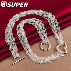 925 Sterling Silver for Women Man Multi Line Chain Heart Pendant Necklace Collier Female Fashion Jewelry