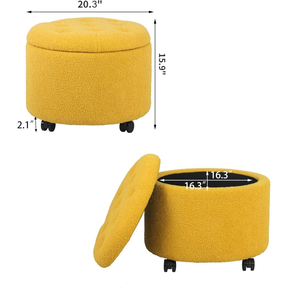 مسند تخزين دائري مع وسادة من الصوف معنقدة بزر، مسند قدم Adeco Teddy مقاس 16 بوصة على عجلات دوارة
