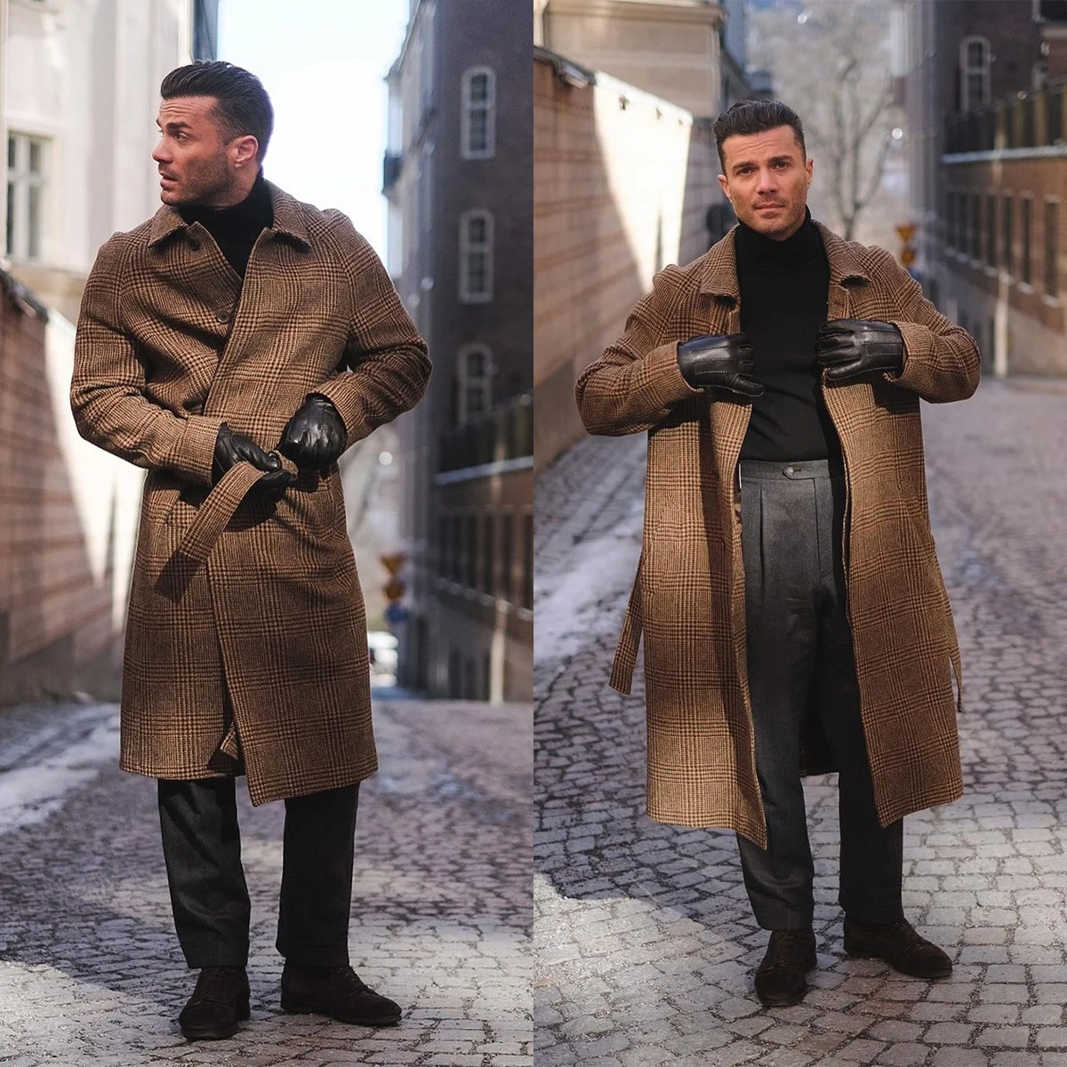 Winter Woolen Plaid Overcoat For Men Tweed Thick Trench Coat With Belt Customized Formal Casual Wear Winter Warm Jacket