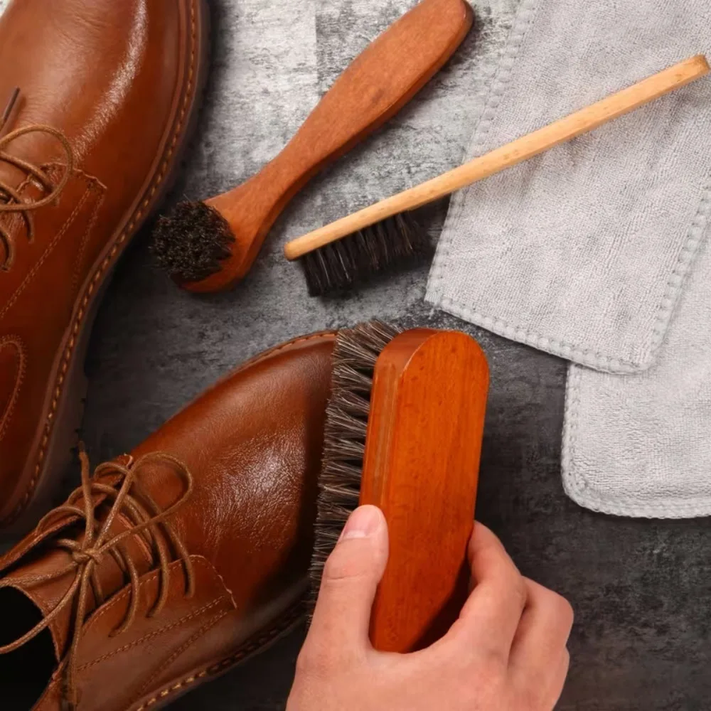 3PCS Horsehair Shoe Brush Set Polishing Applicator Brush for Leather Boots Suede Shoe Car Interior Detail Cleaning Accessories