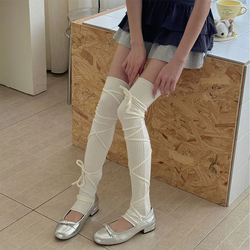 Stoking Tinggi Tali Vertikal Warna Polos Katun Kaus Kaki Paha Nyaman Lembut Sejuk Wanita Sederhana Segar Aksesori Fashion