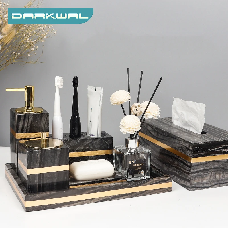 

Tree Black Natural Marble Set for Bathroom Luxury Golden Soap Dispenser Soap Dish Cotton Swabs Container Bathroom Accessories