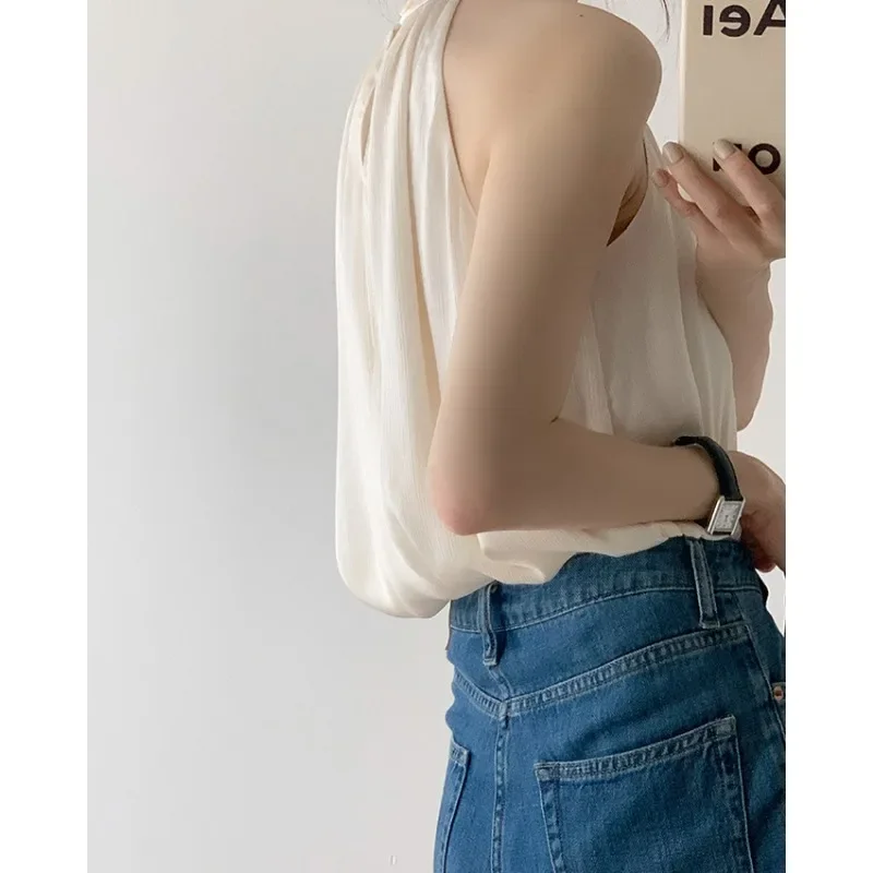 Chic Office Lady Sleeveless Chiffon Shirt Turtleneck Halter Blouse Summer White Black Tops Brands Tank Tops Women\'s Clothing New