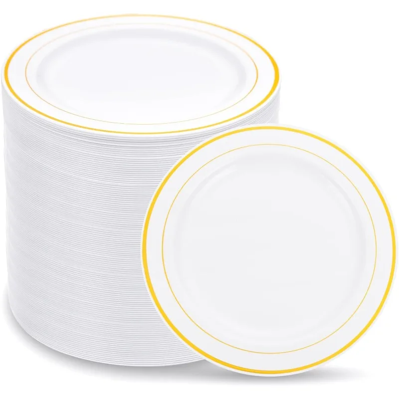 

144Pcs Gold Dessert Plates, 7.5 Inch Plastic Cake Plates, White Plates with Gold Rim Heavy Duty Plastic Party Plates