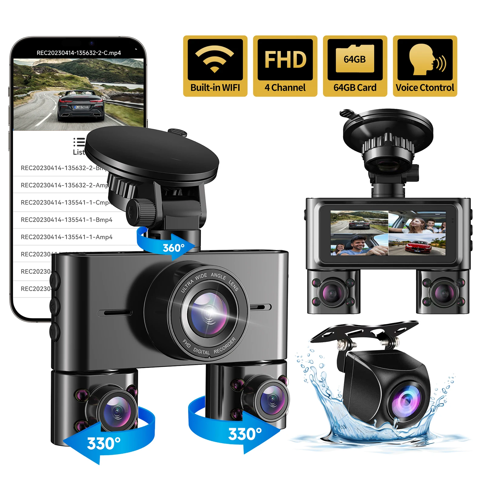 HUPEJOS 360°V7-4CH Dash Cam Front and Rear Inside FHD1080Px4 Built-in Wi-Fi WDR Night Vision Voice Control 24H Parking Mode