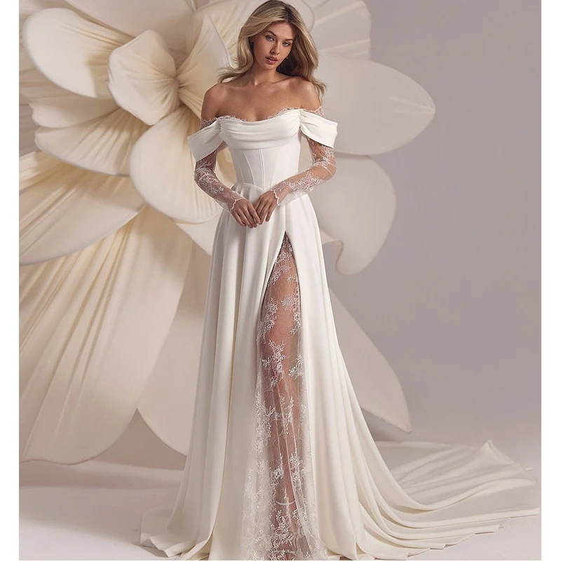 ZOCI Romantic Wedding Dress Satin With Lace Slit A Line Ball Gown Boat Neck Fullsleeve Bride Dress Laceup Back Robe MariéE Satin