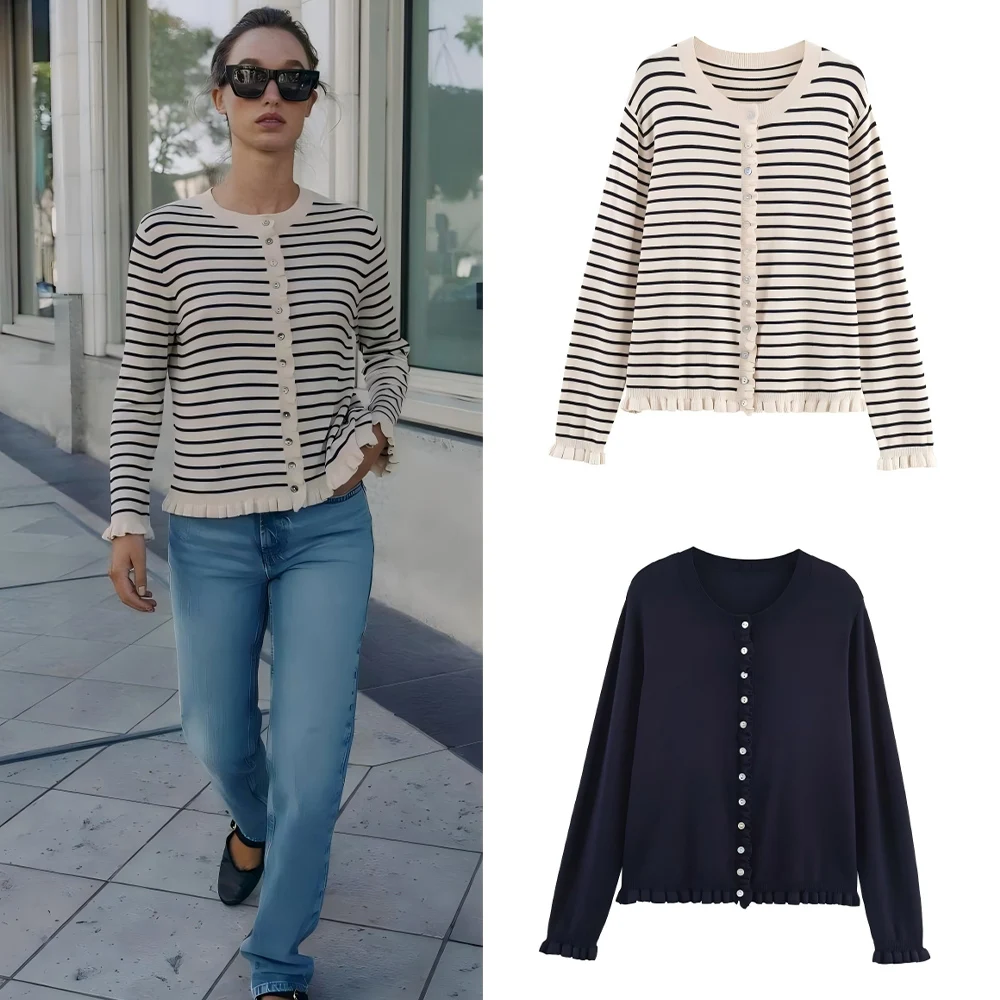 

Women's new Fashion layered decoration casual soft texture striped knitted Coat long sleeved Button-up women's Coat chic top