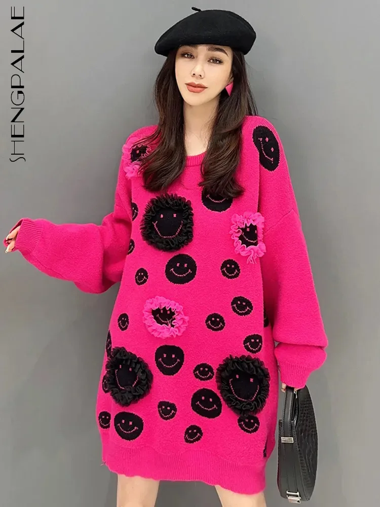 

SHENGPALAE 2024 Autumn New Smiling Face Sweater For Women O-neck Contrast Color Casual Loose Full Sleeve Knitting Pullover R7134