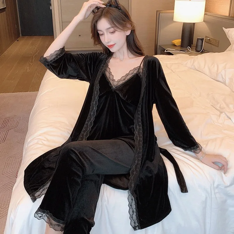 Pajamas with Chest Pads Women Autumn Winter Golden Velvet Lace Sexy Sweet Suspender Nightgown Three-piece Long-sleeved Homewear