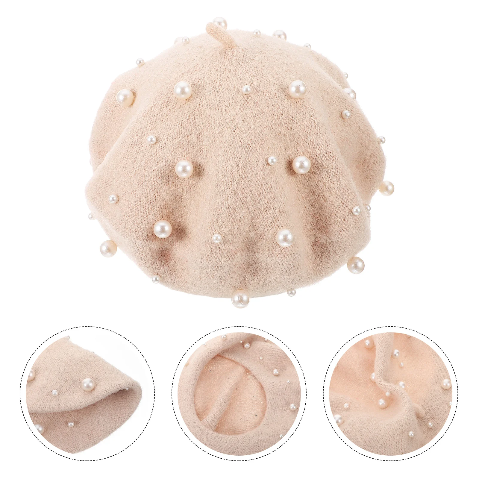 

Women's Pearl Beret Autumn Cashmere Luxury Heavy Work Beret Beaded Pearl Rivet Wool Beret Free Size (Beige)