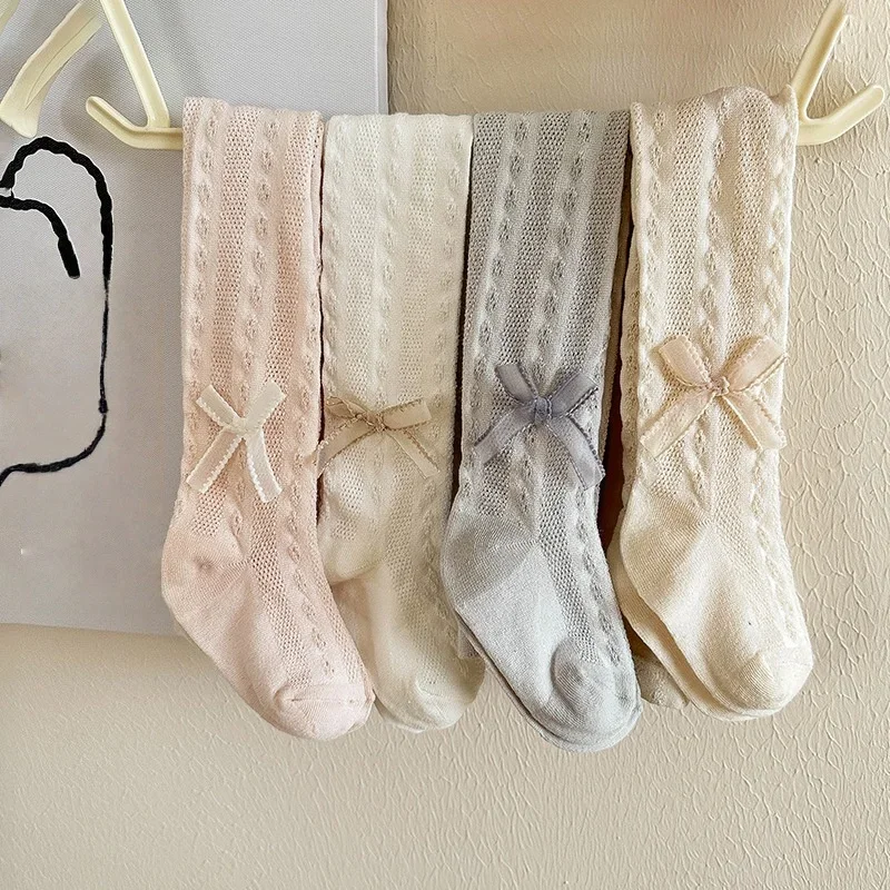 1-7 Jahre Sommer Baumwoll-Mesh Mädchen-Strumpfhose Prinzessin Einfarbig Schleife Atmungsaktive Kinder Mädchen Strumpfhose Dünne Weiche Kinderhose