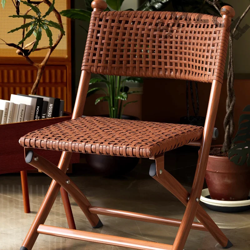 Foldable Rattan Chair Patio Armchair for Elderly, Portable Camping Stool with Back Support, Lightweight Outdoor Bistro Seat
