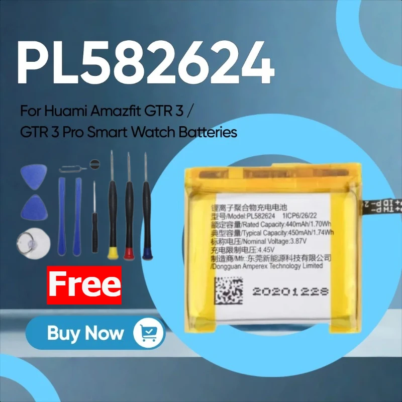 

450 мАч PL582624 Замена литий-полимерной батареи для Huami Amazfit GTR 3/GTR 3 Pro Батареи для умных часов