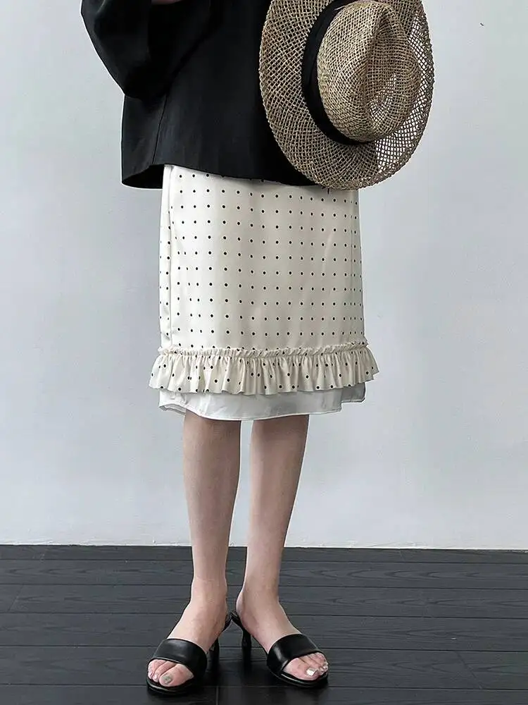 High Elastic Waist Apricot Dot Ruffles Knee-Length A-line Half-body Skirt Women Fashion Tide New Spring Summer