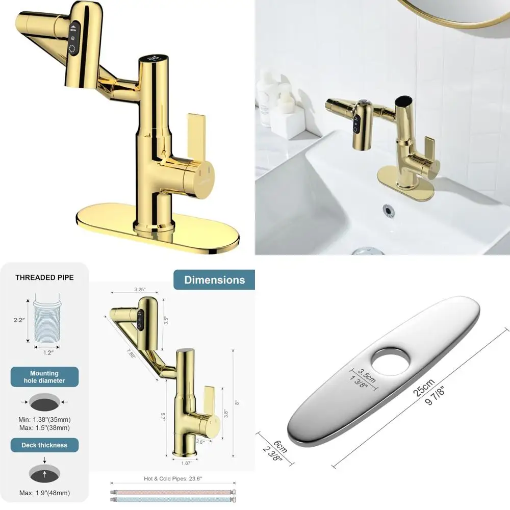 Polished Gold Rotatable Bathroom Sink Faucet with 6-Piece Cover Plate Set for Enhanced Style and Functionality