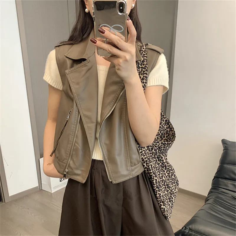 Coffee Color Black Women Slim Short Faux Pu Leather Vest Korean Lapel Sleeveless Imitation Leather Waistcoat Spring Autumn New