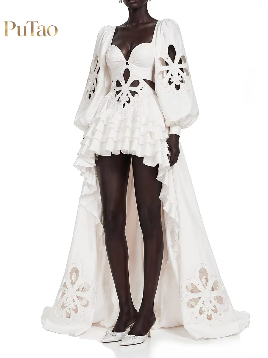 PuTao White Cut Out Floral Puff Sleeve High Low Prom Dress Hollow Out Ruffle Mini Skirt Long Train Evening Cocktail Formal Party