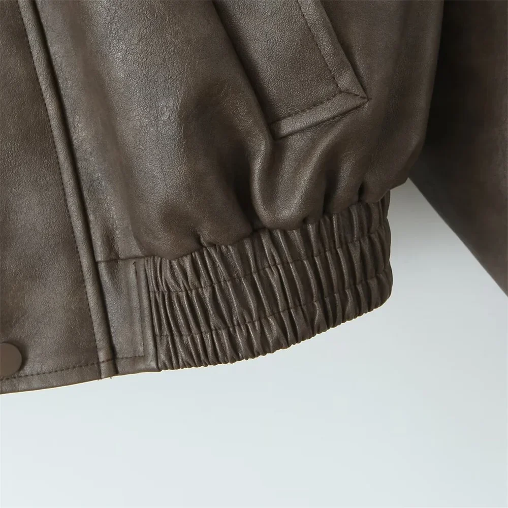 Pop 2024 outono novo produto moda feminina lazer versátil gola flip manga curta casaco de couro
